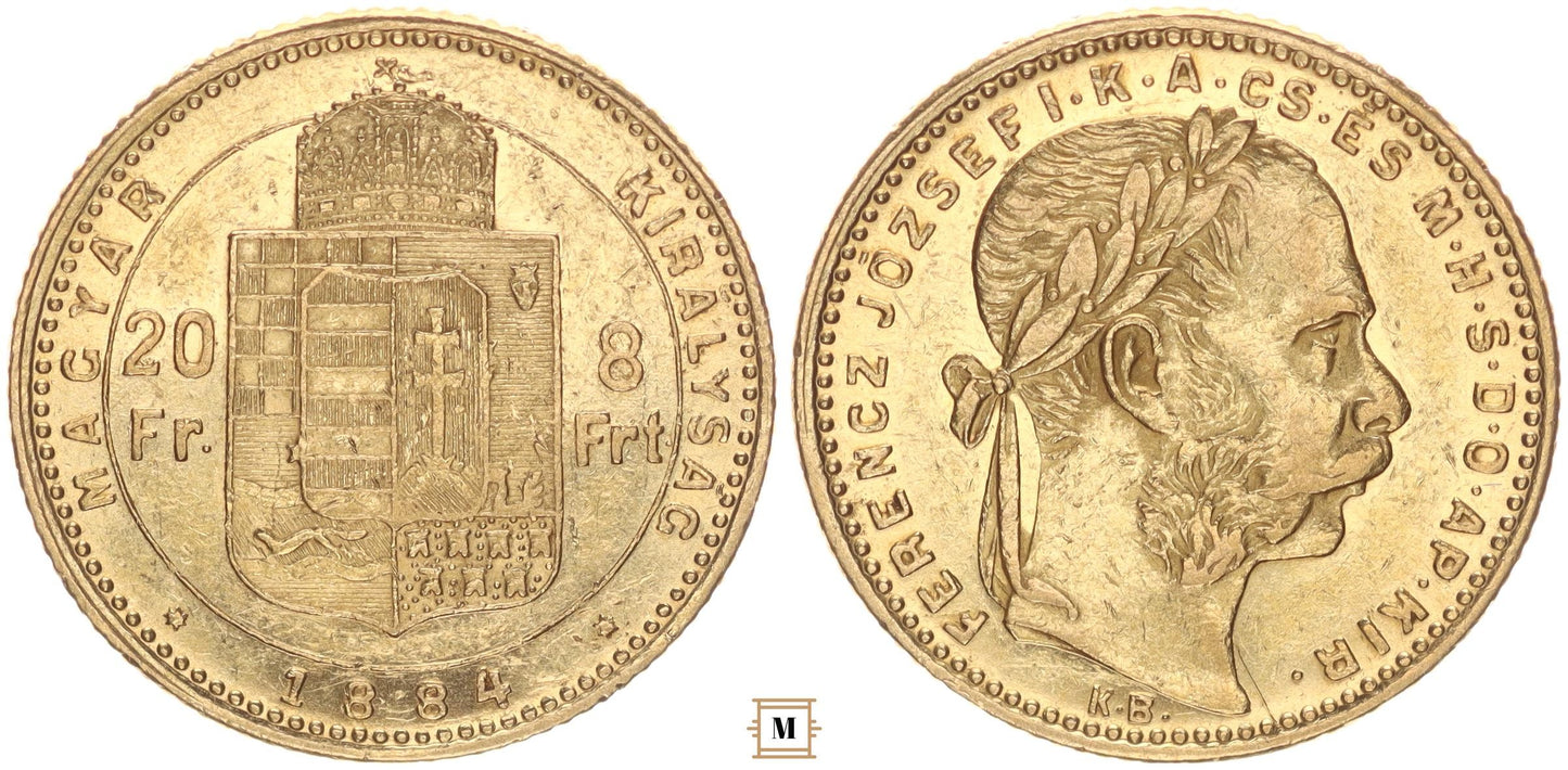 Ferenc József 20 frank 8 forint 1884 KB